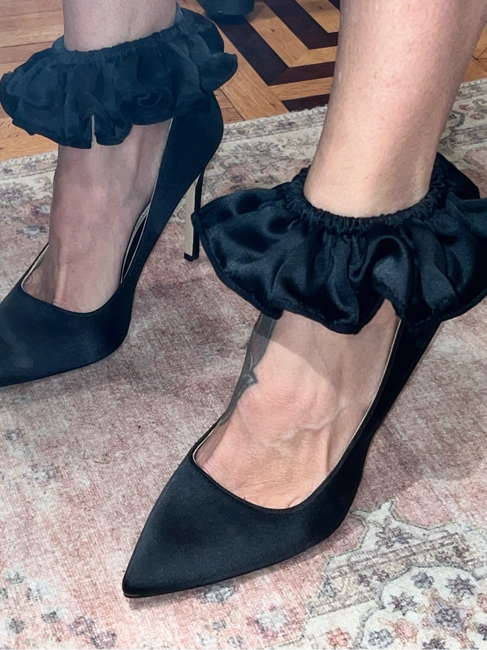 Katy Perry Collections Black Satin Pointed-Toe Pumps with Ruffle Ankle - Picture 3 of 3